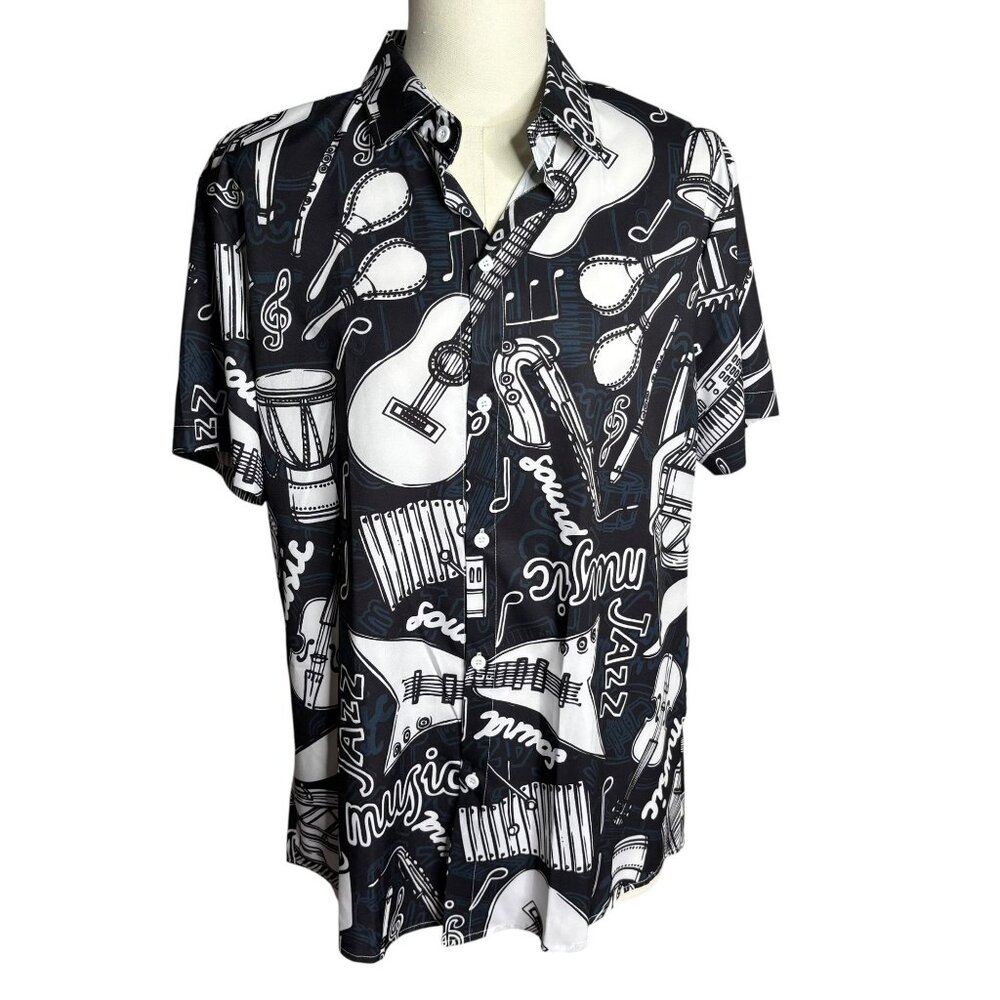 Manfinity Music Themed Button Up Shirt Large Black White Short Sleeve Hawaiian